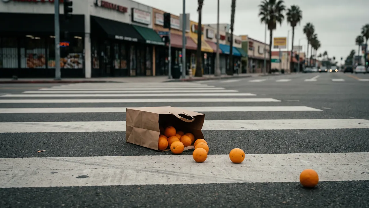 Bolsa de mandado caída sobre un cruce peatonal del bulevar comercial — atropello de peatón en Huntington Park