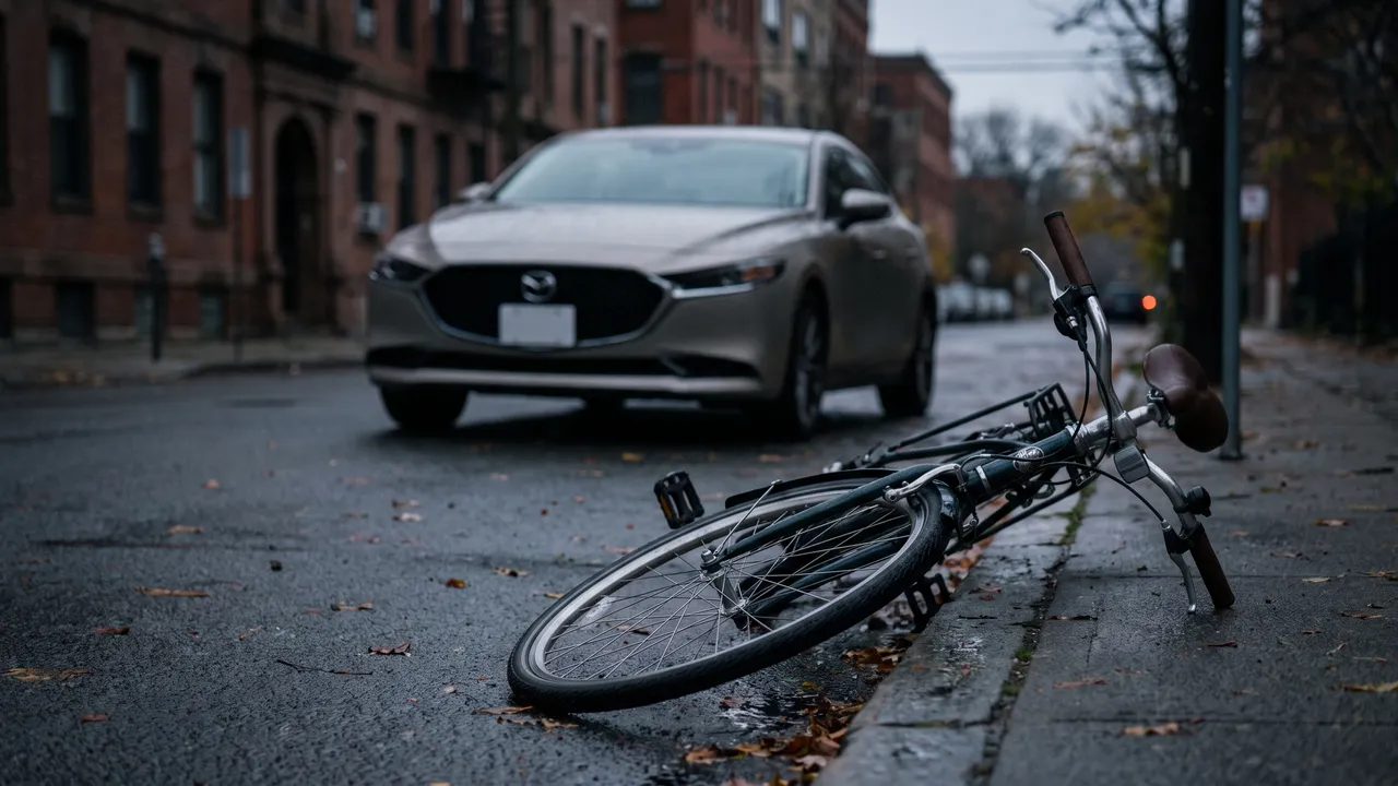 Bicicleta con la rueda doblada tendida en la orilla de la calle tras un choque — accidente en bicicleta quién tiene la culpa