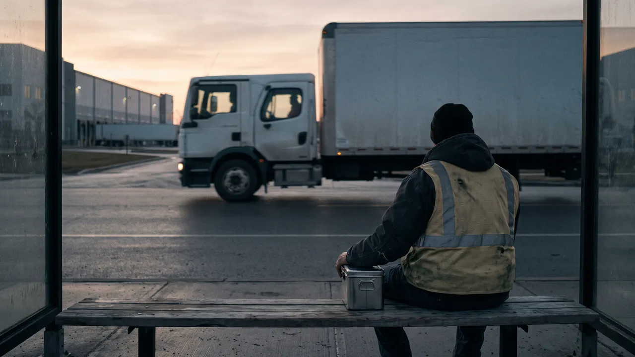 Trabajador con chaleco espera en una parada de camión industrial al amanecer — choque camino al trabajo