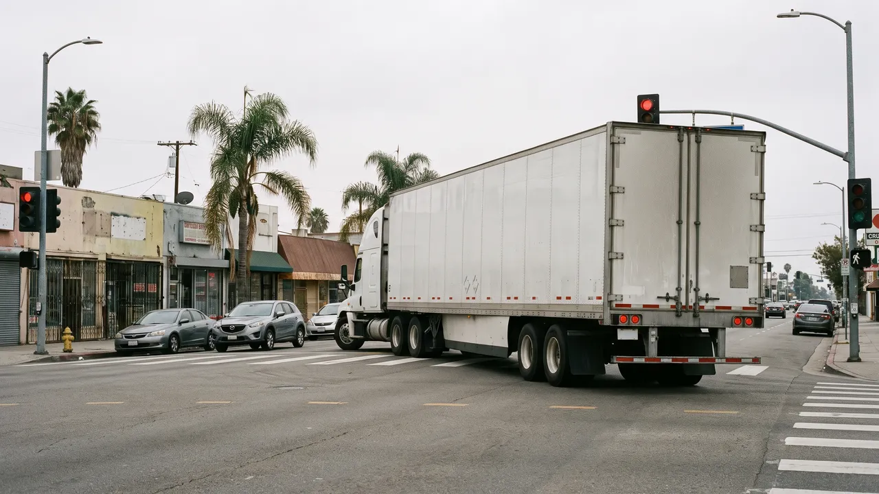 Un tráiler barre dos carriles al dar vuelta en un crucero urbano — camiones de carga en las calles de Huntington Park