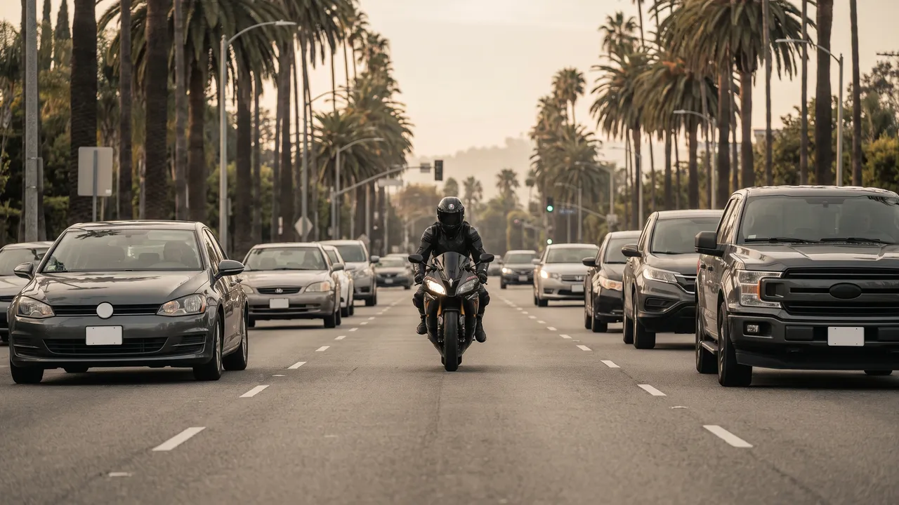Motociclista circulando entre dos filas de tráfico lento en una avenida — carril compartido legal en California