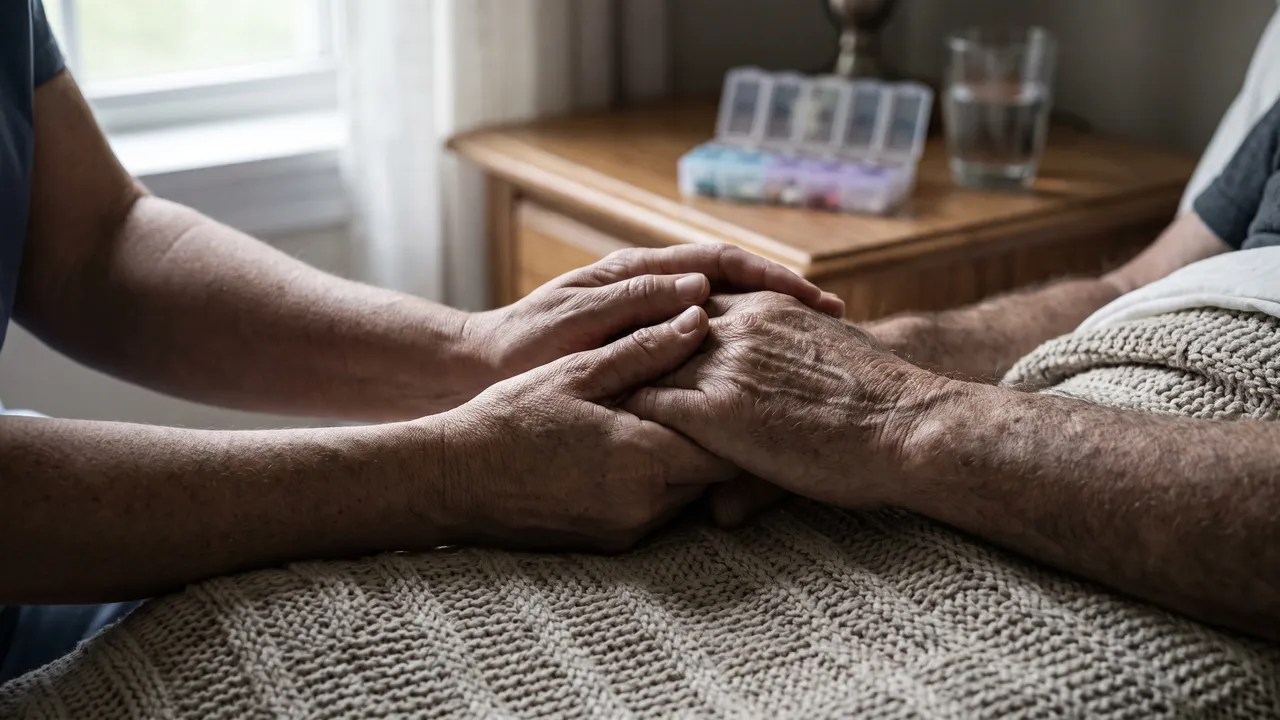Manos de un cuidador sosteniendo la mano de una persona mayor junto a la ventana — es curable el daño cerebral