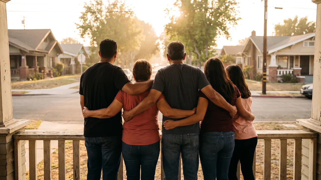 Una familia vista de espaldas en el porche de su casa al atardecer en Huntington Park — derechos migratorios y reclamos por accidente
