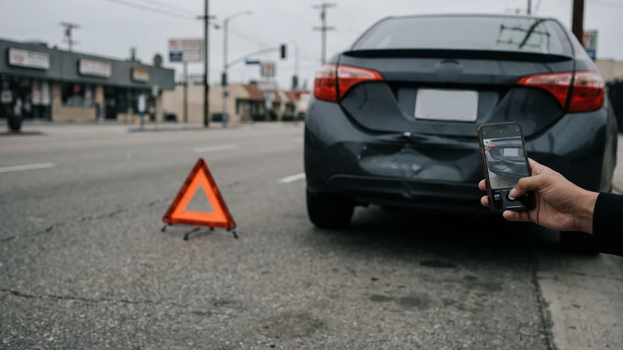 Una mano fotografía con el celular la defensa dañada de un auto tras un choque en Huntington Park