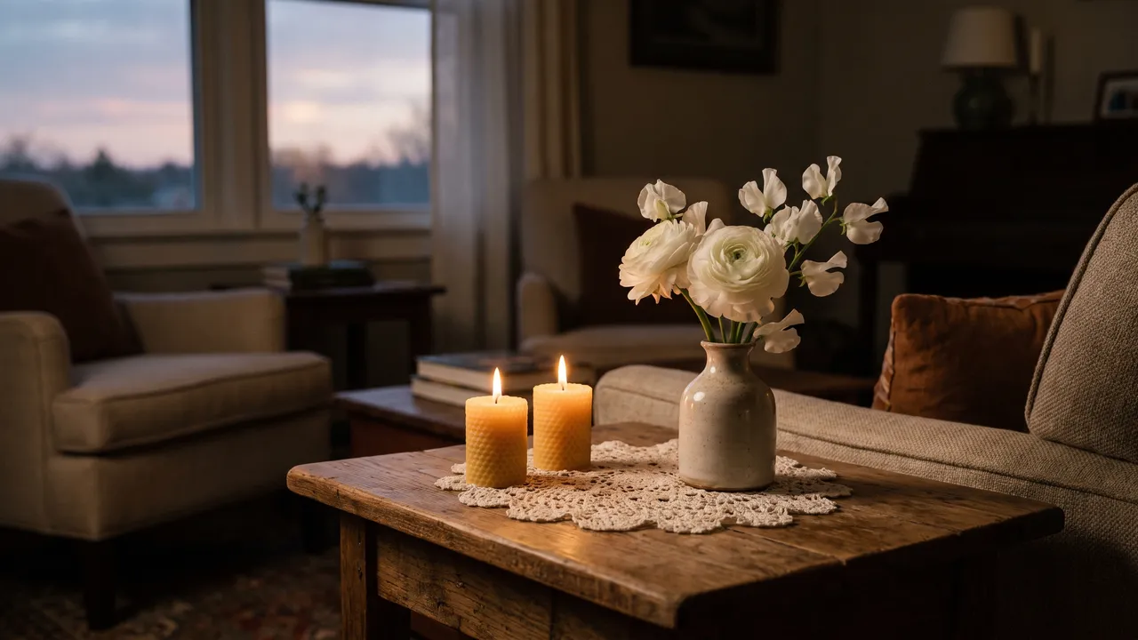 Mesa con veladoras encendidas y flores en una casa en penumbra — muerte injusta por accidente, guía para la familia