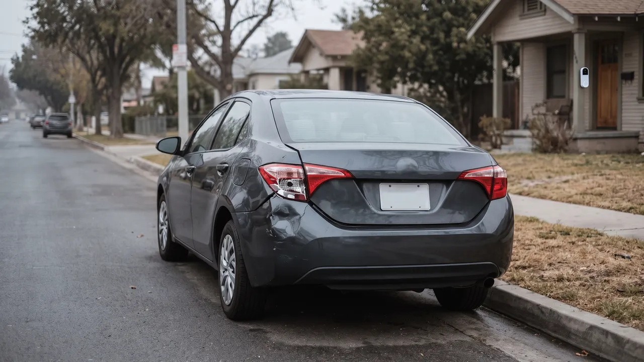 Auto estacionado con la esquina trasera dañada y una cámara de timbre al fondo — choque y fuga en Huntington Park