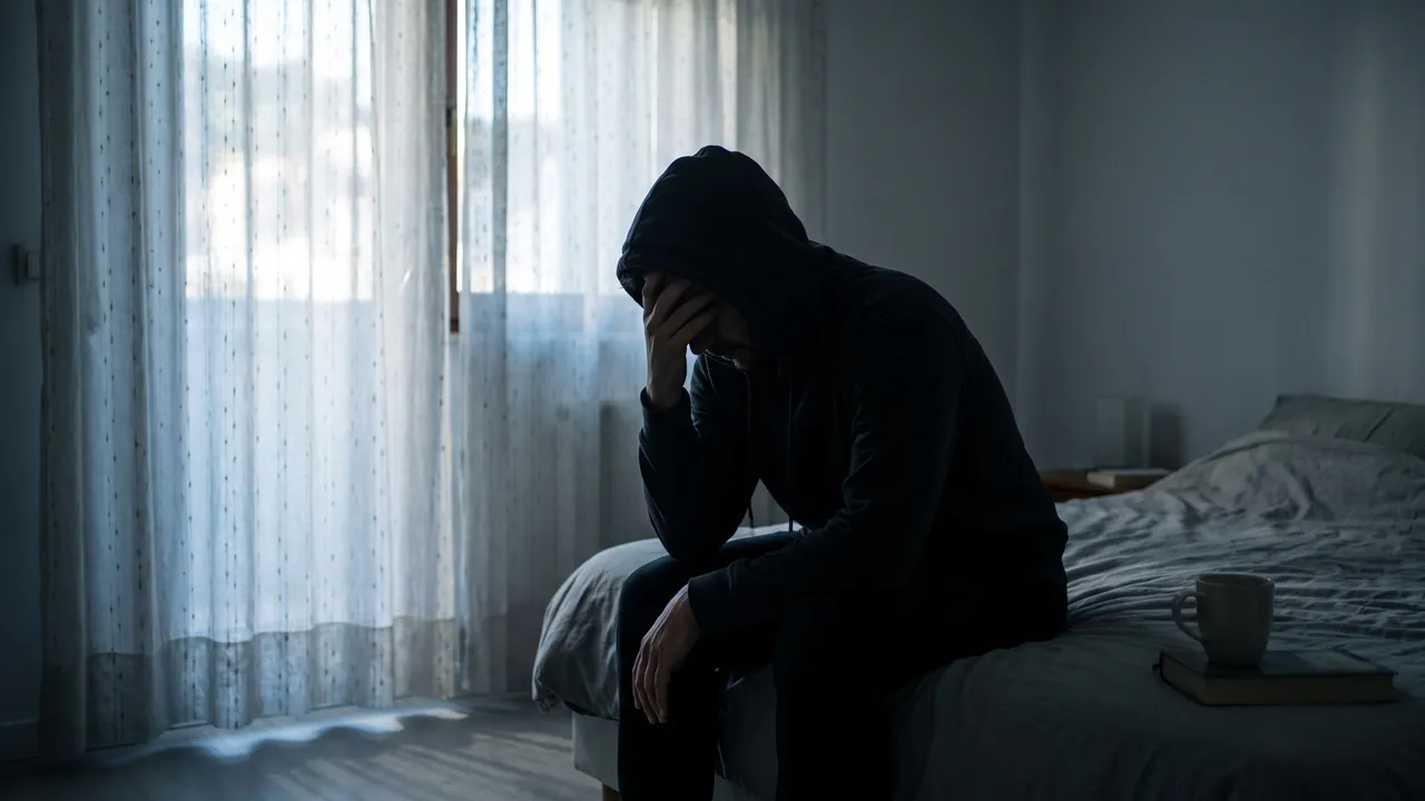 Persona sentada al borde de la cama sosteniéndose la cabeza en la penumbra — síntomas de lesión cerebral tras un choque