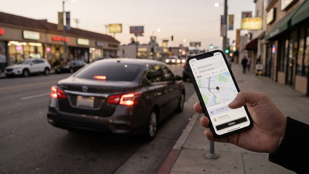 Un teléfono muestra una app de viajes mientras un auto se acerca a la banqueta — qué cubre el seguro de Uber