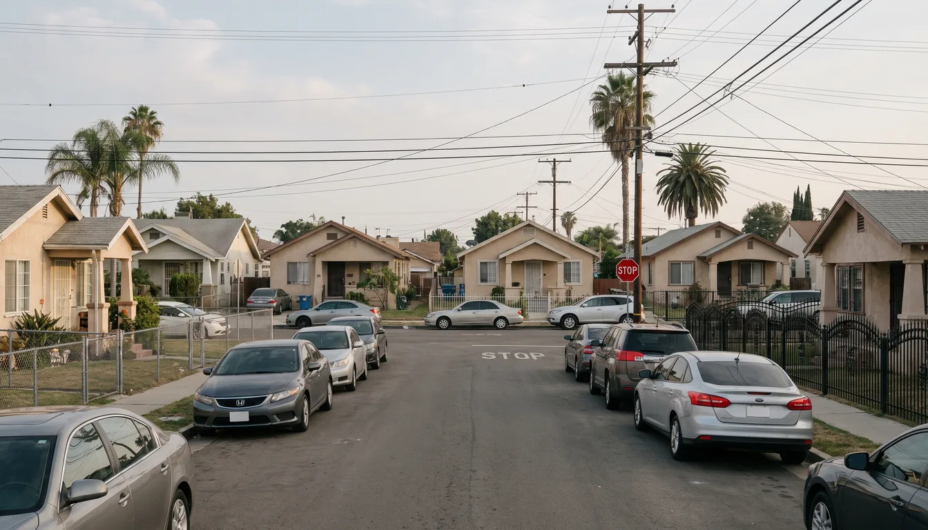 Una calle residencial de Huntington Park con autos estacionados, escenario tipico del choque y fuga