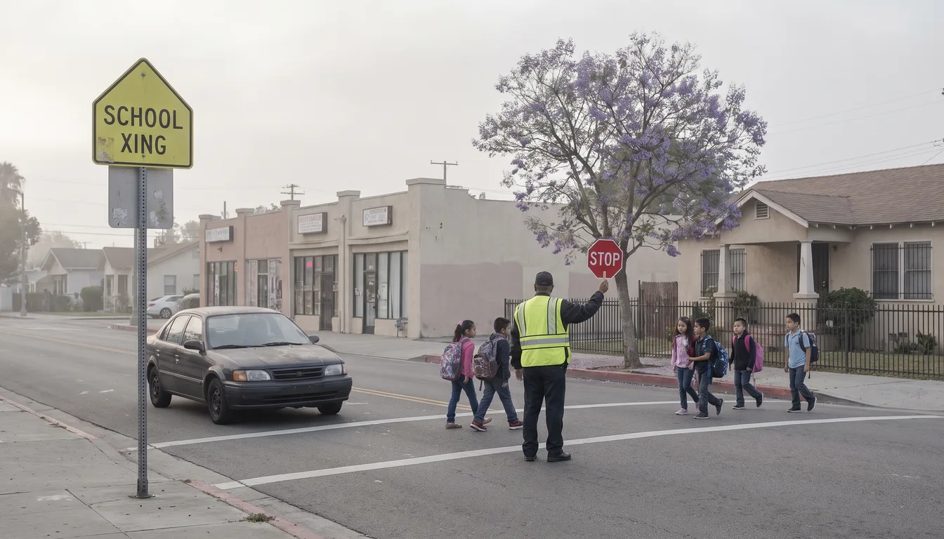Un cruce escolar de Huntington Park con estudiantes cruzando bajo la mirada del guardia