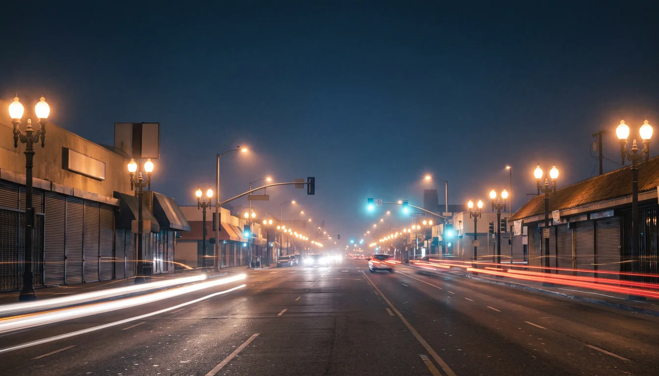 Una avenida de Huntington Park de noche con luces de semaforo, donde patrullan los casos de conductores ebrios