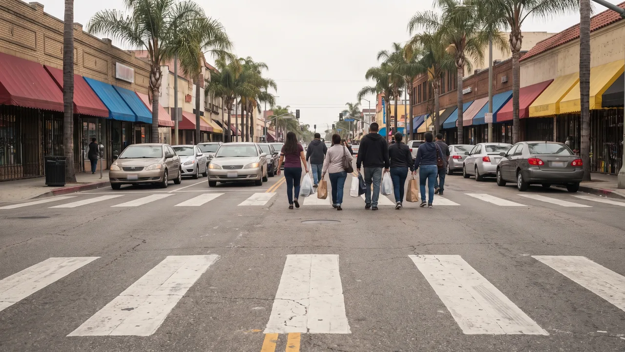 El bulevar comercial de Huntington Park con cruces peatonales marcados y comercios a ambos lados