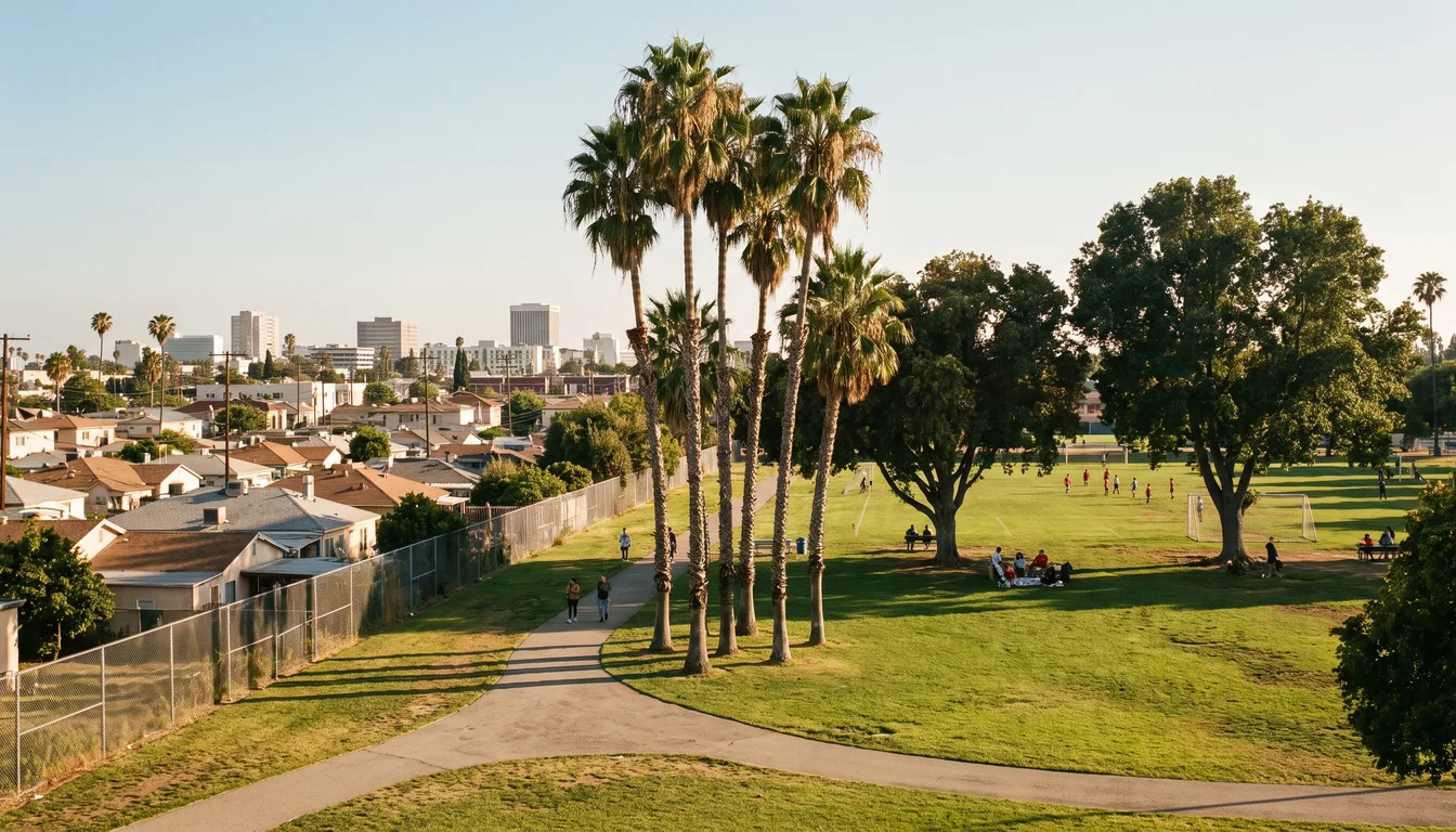 Familias en el Parque Salt Lake con canchas y árboles maduros