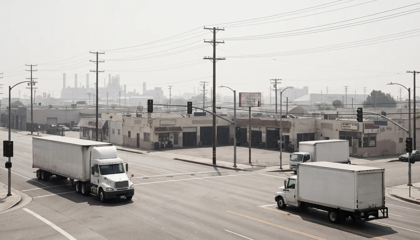 Camiones de carga cruzando la avenida Slauson en Huntington Park