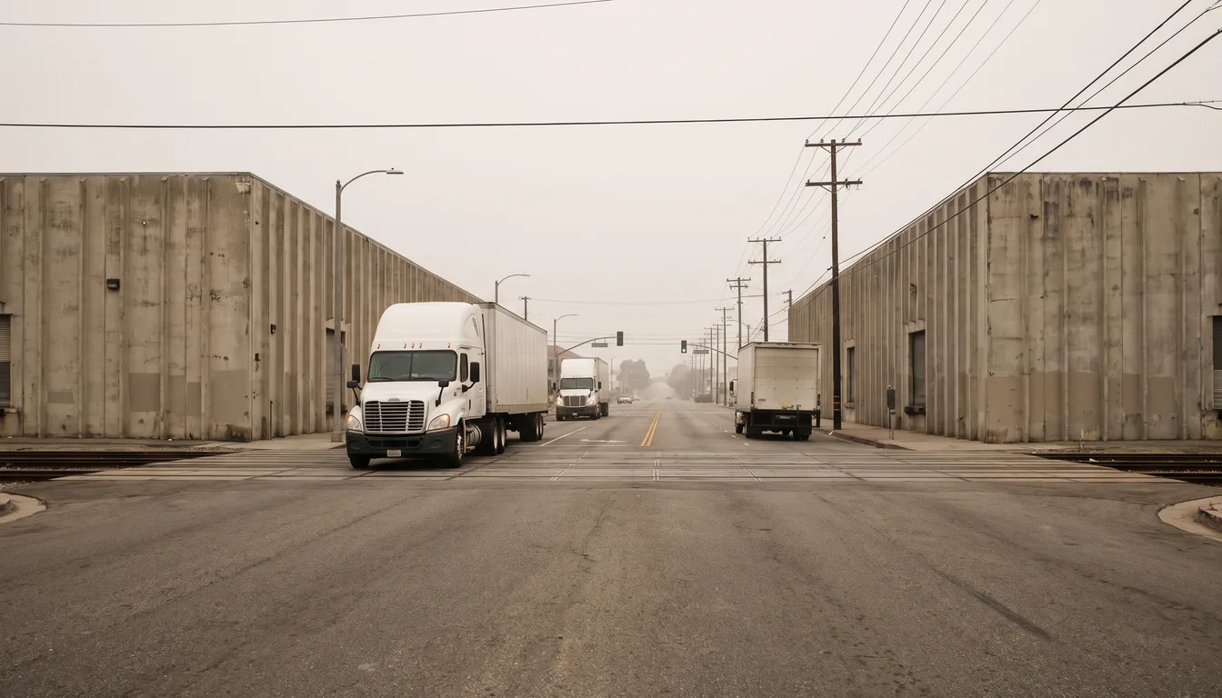 Camiones de carga circulando entre bodegas por la avenida Slauson en Huntington Park