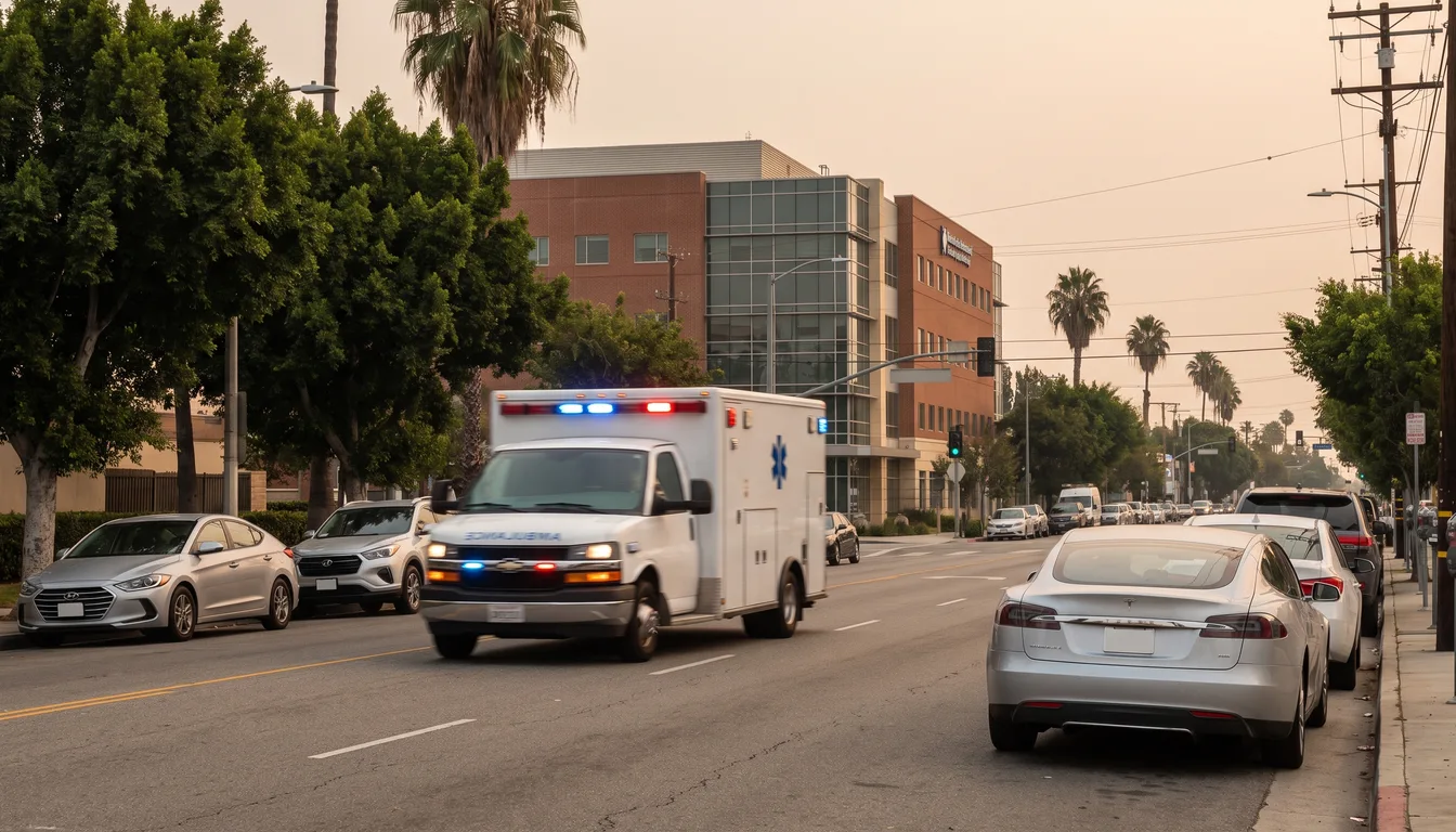 Una ambulancia avanza hacia el centro medico que atiende a los lesionados graves de Huntington Park