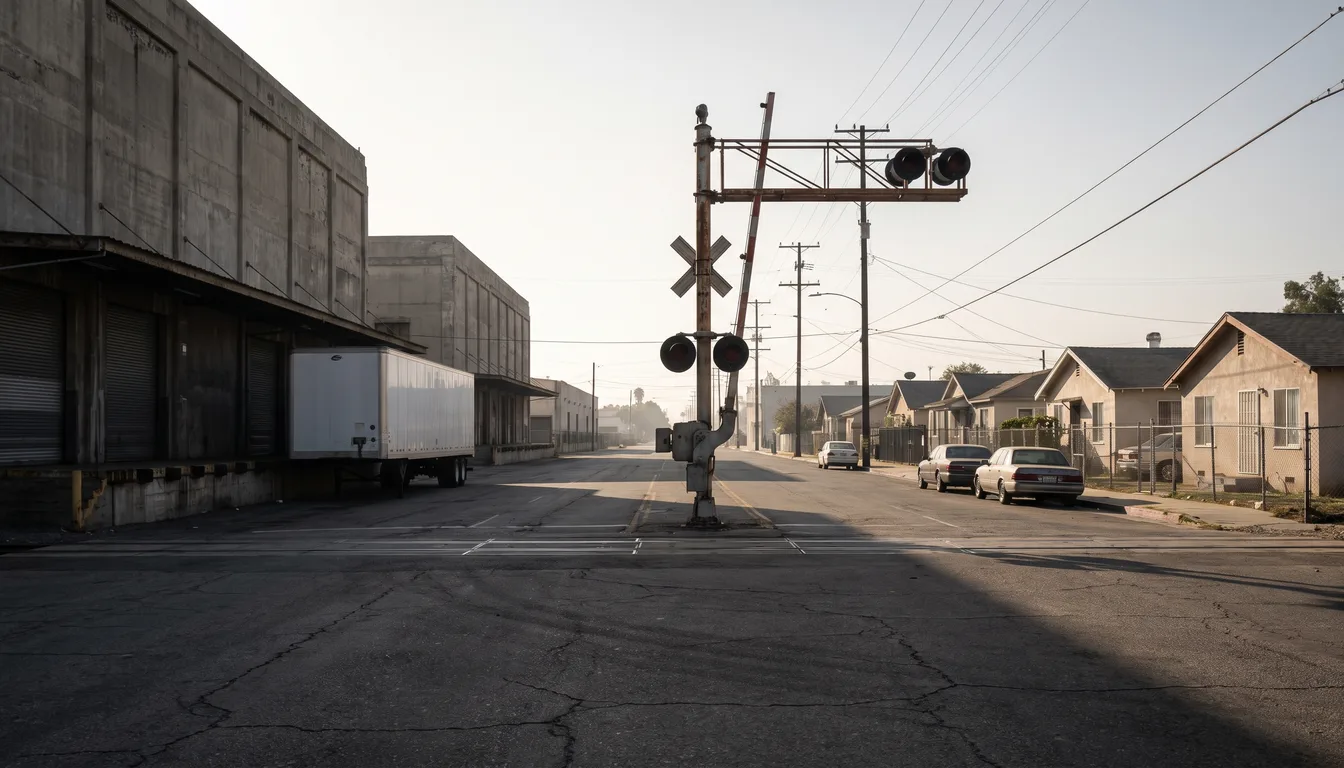 Bodegas industriales frente a casas en el borde de Vernon con Huntington Park