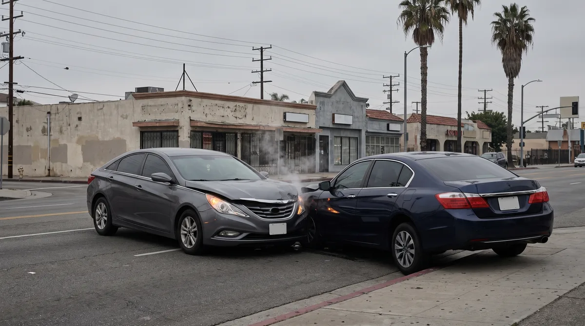 Dos autos chocados en un crucero señalizado de Huntington Park con comercios detrás