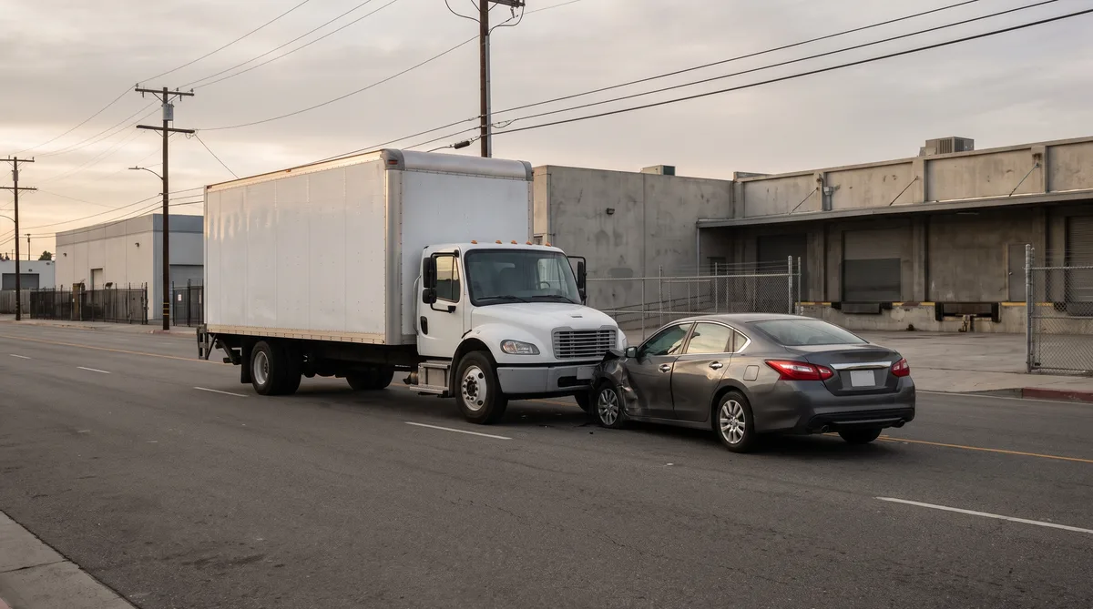 Un camión industrial muy cerca de un auto pequeño en una avenida de Huntington Park