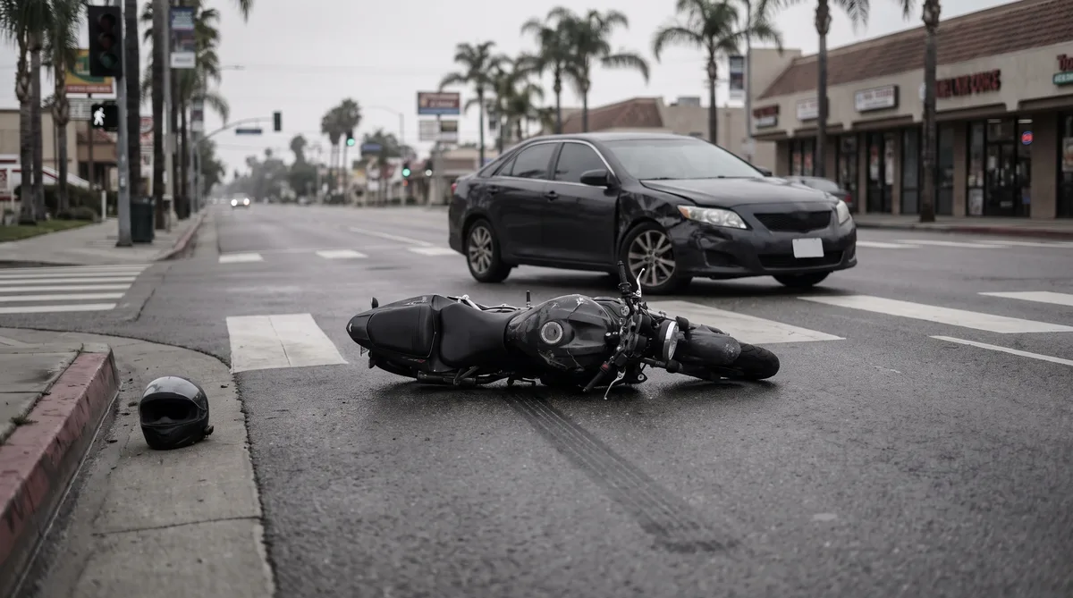 Una motocicleta caída junto a un casco en el pavimento de una calle de Huntington Park