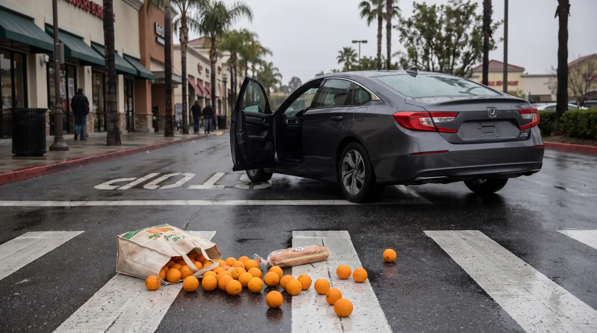 Una bicicleta doblada en un cruce peatonal pintado de Huntington Park cerca de una escuela