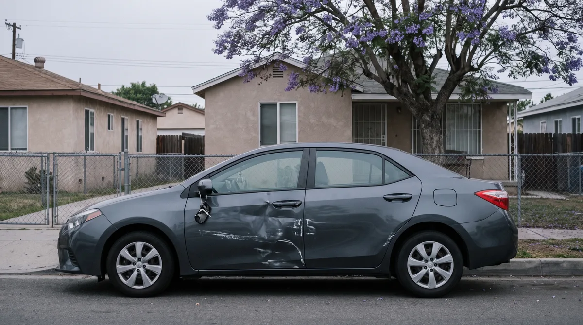 Un auto estacionado con el costado rayado y el espejo roto en una calle residencial de Huntington Park