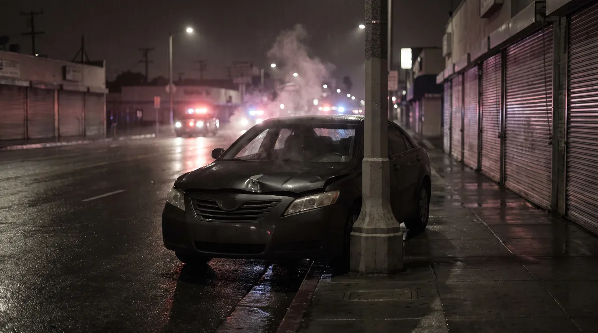 Marcas de llantas erráticas sobre el asfalto mojado de una avenida de Huntington Park de noche